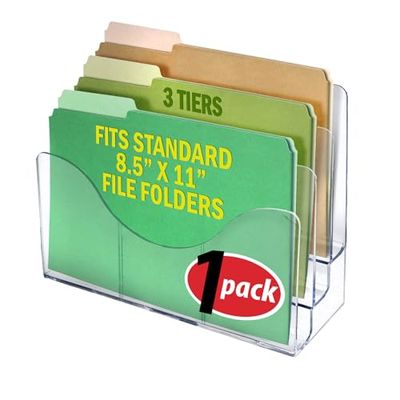 Azar Displays 250099 Three Tier File and Brochure Desktop Wall Organizer Holder with Dividers brochure display stand acrylic file holder, Clear