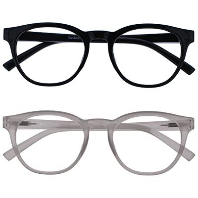 OPULIZE Blu - Occhiali da Lettura Filtro Luce Blu Set da 2 Montatura Tonda Fashion Cerniere a Molla Migliorano il Sonno Gaming Computer Anti Riflesso Nero Ghiaccio Uomo Donna BB5-1C +3.00