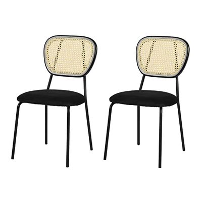 39F FURNITURE DREAM Set di 2 sedie scandinave da Pranzo con Retro in Rattan Reale e Sedile in Velluto Nero per la casa Kitchen Dining Room, Metallo, 46x53x83.5cm