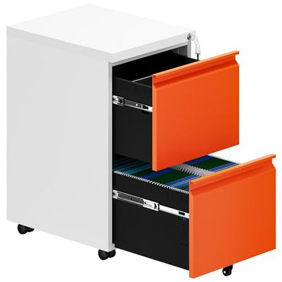 YITAHOME Mobiele archiefkasten met 2 afsluitbare laden, anti-kantelbare archiefkast met wiel voor thuiskantoor, onder bureau archiefkasten voor brief/juridisch/A4-formaat, wit + oranje, 51 x 39 x 71