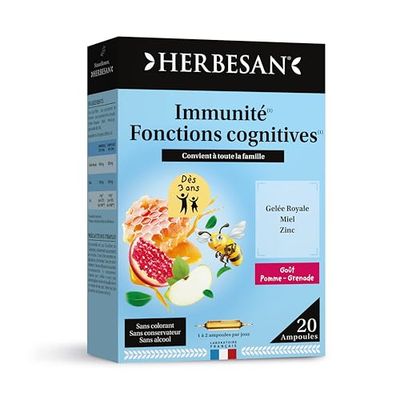 HERBESAN® - GELEE ROYALE 400MG, Miel, Zinc - Défenses immunitaires - Fabrication française - 20 ampoules de 10ml