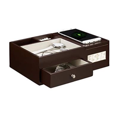 Relaxdays, Espresso Wireless Charger Wood Portaoggetti con Caricatore a Induzione, Orologio con Sveglia, HLP 8x26x18cm, Pannelli MDF, Ferro, 8 x 26 x 18 cm