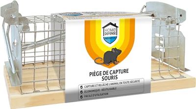 HOME DEFENSE HDNASSOU - Piège de Capture Souris Cage x1 - Capture et relâche l'animal en toute sécurité - Piège économique car réutilisable - Facile d'utilisation - Socle fabriqué en bois certifié FSC