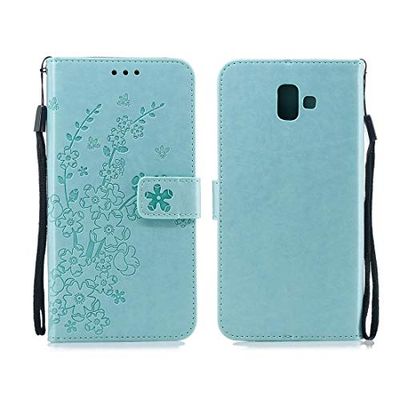 Carcasa de telefono for la Galaxia J6 + Ciruela Flores patrón Horizontal Flip Funda de Cuero con el sostenedor y Ranuras for Tarjetas y Monedero y la Cuerda de Seguridad (Verde) (Color : Rose Gold)