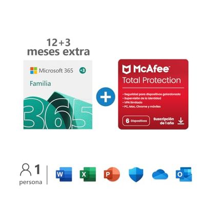 Microsoft 365 Familia | Apps Office 365 | PC/MAC/teléfono | Suscripción anual | 12+3 Meses | + McAfee Total Protection 2022 | 6 Dispositivo | 12 Meses | PC/Mac/Android/Smartphones - Código por email