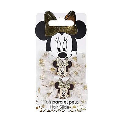 Pack of 2 Minnie Mouse Bow Shaped Hairpins – White and Gold – Made of 100% Polyester – Print with Minnie Mouse Face – Original Product Designed in Spain