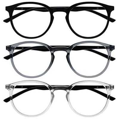 OPULIZE Met 3 Pack Reading Glasses Large Round Black Grey Clear Mens Womens Spring Hinges RRR60-17C +2.00