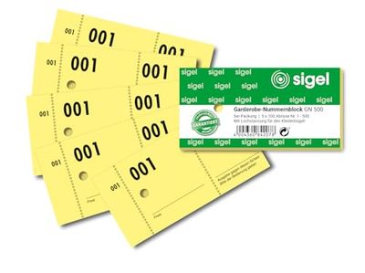 Sigel GN500 Wardrobe Number Blocks with Punched Holes 500 Bons Numbered 1-500 10.5 x 5 cm Single Yellow, Blue - Colour Choice not Possible.