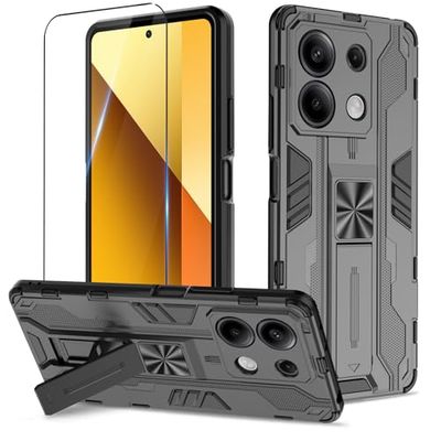 Btstring Hoesje voor Xiaomi Redmi Note 13 5G met Screen protector, militaire standaard cover case standfunctie mobiele telefoon hoezen- zwart