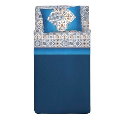 PENSIERI DELICATI Parure de lit 1 Place et demie 100% Coton, Parure de lit 1 Place et demie 120 x 200 cm, avec Drap Plat, Dessus et 1 taie d'oreiller, fabriquée en Italie, Fantaisie faïence Bleue