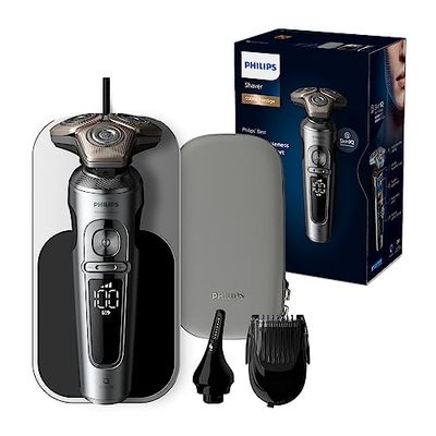 Philips Serie 9000 Prestige Afeitadora Eléctrica Hombre, Maquina de Afeitar Barba, Barbero, Naricero, Lift&Cut, Tecnologia SkinIQ, Inalambrica, Recargable, Base Carga QI, Funda, SP9871/22, Negro Cromo