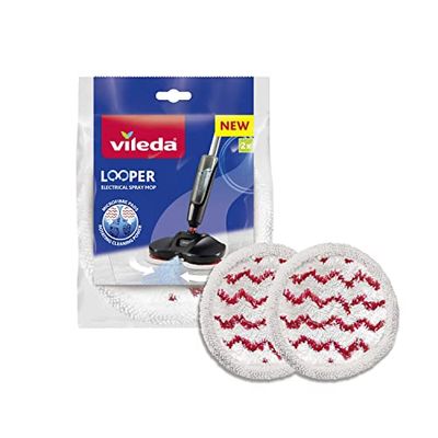 Vileda Looper Panni Ricambio - Panni Ricambio per Sistema Lavapavimenti Elettrico Spray Vileda Looper, 100% Microfibra, 2 Panni, Bianco/Rosso