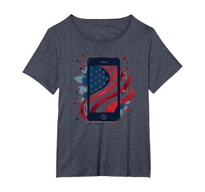 Estrellas, Rayas y teléfonos Inteligentes Camiseta, Mujer Tallas Grandes, Azul Jaspeado, 3XL Grande