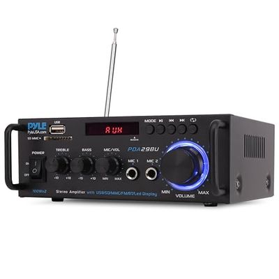 Pyle Amplificador de Potencia estéreo inalámbrico Bluetooth – Sistema Receptor estéreo de Audio de Doble Canal de 200 W con RCA, USB, SD, Mic IN, Radio FM, para Entretenimiento de Cine en casa a