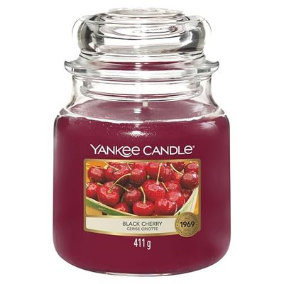 Yankee Candle vela aromática em frasco médio, cereja preta, duração de combustão até 75 horas