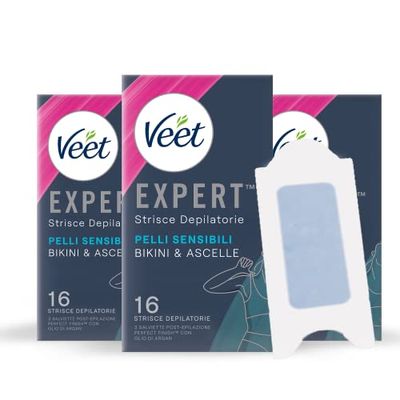 Veet Expert Strisce Depilatorie Ascelle e Zona Bikini, Ceretta per Pelli Sensibili con Olio di Mandorla, Dermatologicamente Testate, 48 Strisce (24x2 Strisce) + 9 Salviette Post-Epilazione