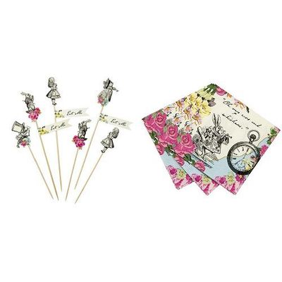 Talking Tables Truly Alice Mad Party Food Picks Pack of 12, Paper Multicolor & Tables Truly Alice Dainty Party Napkins Pack of 20