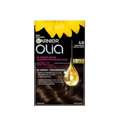 Garnier Olia Permanent Hair Dye, No Ammonia, Full Grey Coverage, Long-lasting Colour & Shine, Vegan Formula, Colour: 4.0 Dark Brown, 230g