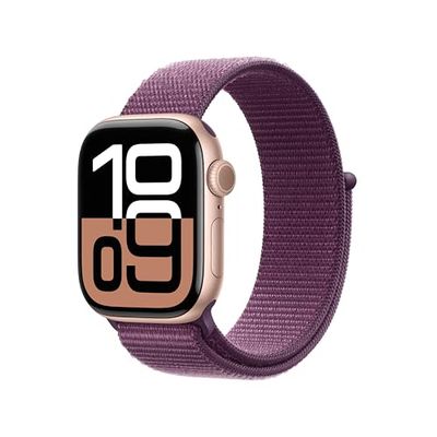 Apple Watch Series 10 (GPS 42 mm) Smartwatch - Kast van roségoudkleurig aluminium - Pruimenpaars geweven sportbandje. Conditie bijhouden, Ecg-app, always on Retina-display, CO₂-neutraal