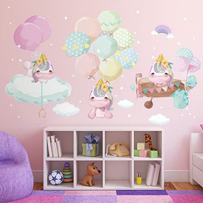 Adhesivo decorativo para pared, diseño de unicornios en las nubes, 90 x 60 cm