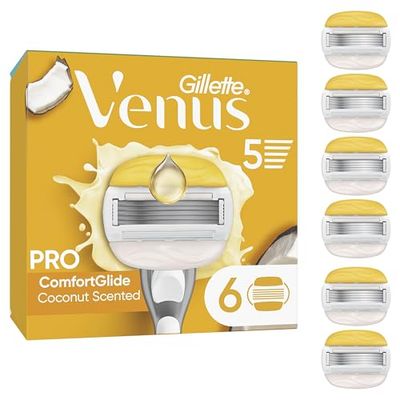 Gillette Venus Pro ComfortGlide Coconut Scented Women’s Blades with Olay Moisturiser, 6 Refill Razor Cartridges, Reusable Metal Handle and Shower Holder