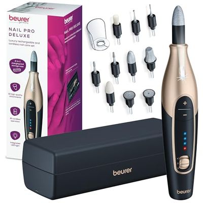 Beurer MP 84 Special Edition Manicure Pedicure Set Electric Nail File with Battery 10 Tips LED Light with Storage Case up to 4400 RPM Nail Cutter for Hand and Foot Care Black