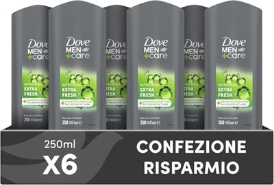 Dove, Doccia Dove Men+Care Extra Fresh, Docciaschiuma Uomo 3 in 1 Idratante Corpo, Viso e Capelli, con Tecnologia MicroMoisture, Dona 24 Ore di Idratazione, 6 Pezzi da 250 ml