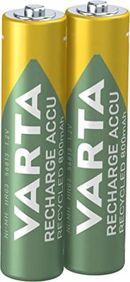 VARTA Pilhas AAA, recarregáveis, embalagem de 2, Recharge Accu Recycled, bateria recarregável, 800 mAh Ni-MH, fabricadas com 21% de materiais reciclados, pré-carregados, prontas a utilizar