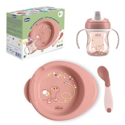Chicco Set voor het voeden bestaande uit trainingscup, eerste lepel, bord voor warm gerechten, vanaf 6 maanden, 0% BPA, roze