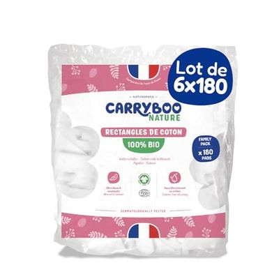 Carryboo - 1080 Carrés de Coton Bébé - Fibre 100% Naturelle et Coton Bio - Produit Bébé Ecologique Certifié Gots - Pour l'Hygiène de Bébé - Lot de 6 * 180 Family Pads 8x10 cm - Fabriqué en France