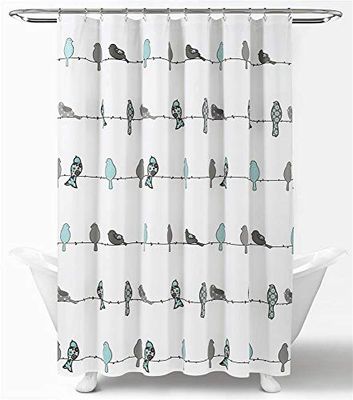 Lush Decor Rowley, Tenda da doccia, 183 x 183 cm (larghezza x lunghezza), motivo floreale colorato con uccellini, stravagante e giocosa, stile rustico, costiero e bohémien, colore blu e grigio