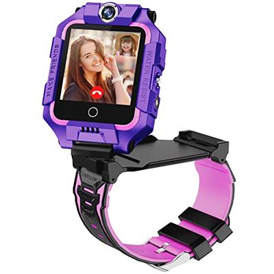 ele ELEOPTION 4G Smartwatch voor kinderen, GPS-smartwatch met 360° dubbele camera, wifi, video, telefoonoproep, SOS, stappenteller, IP67 waterdicht, voor meisjes en jongens (paars)