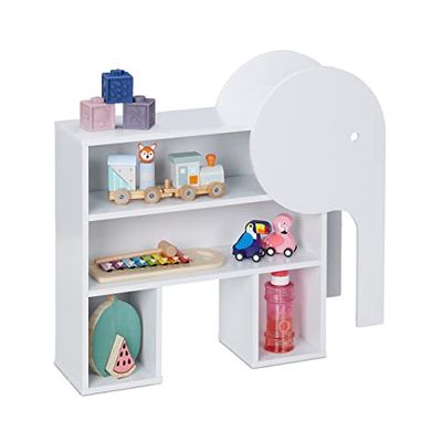 Relaxdays Estantería Infantil Forma Elefante, 4 Baldas, 60,5 x 64,5 x 20,5 cm, Librería y Organizador Juguetes, Blanco, 100% Fibra