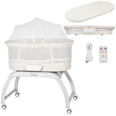 LIONELO CORAL 3 W 1 Łóżeczko Dziecięce do 9 kg, Kołyska, Waga Dziecięca, 5 Prędkości Bujania, 12 Melodii 4 Kółka Ergonomiczny Materac Timer Pilot Moskitiera