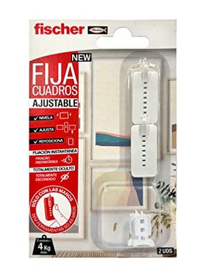 fischer - Fixed Adjustable Pictures | Hangs Pictures Without Nails or Holes | Adjustable up to 1.5 cm | Up to 4 kg with 2 Hooks | Ideal for Plaster, Drywall and Wood | 2 pcs | White