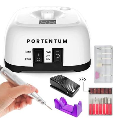 PORTENTUM Torno para Uñas Profesional 35000 RPM - Kit de Manicura y Pedicura Eléctrico de 16 Elementos, Nail Drill de Alto Rendimiento, Ideal para Salones y Uso Doméstico, Apto para Zurdos y Diestros
