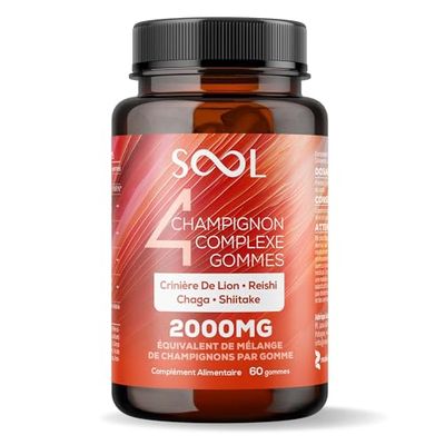 SOOL 4 Mushroom Complex Gummies 2000mg, 60pcs: Chaga, Reishi, Shiitake, Lions Mane Supplement | Nootropics Gummies High Strength | Memory & Focus, Energy, Immunity Booster Supplement