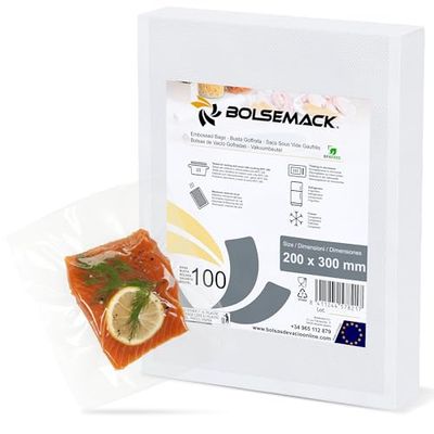 BOLSEMACK Sacchetti Sottovuoto Alimenti 100 Buste 20x30cm - Buste Sottovuoto Alimenti per Macchine Sottovuoto - Sacchetti per Sottovuoto per la Conservazione Degli Alimenti - Senza BPA