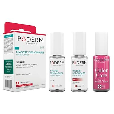 PODERM - LOT 3 PRODUITS | MYCOSE ONGLE TRAITEMENT PURIFIANT + BOOSTER - 2 Best Sellers pour soigner les ongles jaunes et abimés + Vernis Framboise Tea Tree camoufle les ongles abimés | Swiss Made