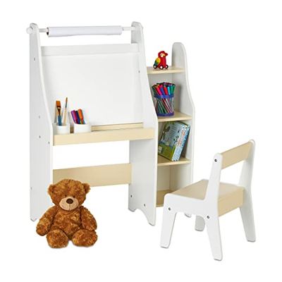 Relaxdays schoolbord voor kinderen, met kinderstoeltje, vakken & rol papier, HBD: 90 x 72 x 30 cm, tekenbord, wit/beige