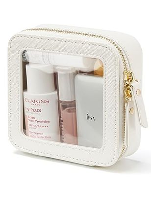 Popvibe Trousse de Maquillage Transparente avec Fermeture éclair, Organiseur de Maquillage Portable, Sac de Voyage Compact pour Voiture, Blanc, Medium+Large, Trousse à Maquillage en Cuir Transparent