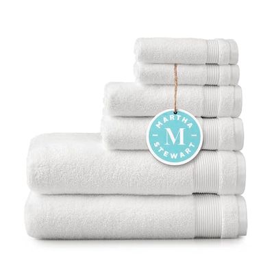 Martha Stewart Juego de 6 Toallas de baño 100% algodón, 2 Toallas de baño, 2 Toallas de Mano, 2 paños de baño, Toallas de Secado rápido, Suaves y absorbentes, Esenciales para el baño, Color Blanco