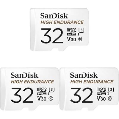 SanDisk HIGH ENDURANCE Video Monitoring for Dashcams & Home Monitoring 32 GB microSDHC Memory Card + SD Adaptor, Up to 100 MB/s read and 40 MB/s Write, Class 10, U3, V30, White (Pack of 3)