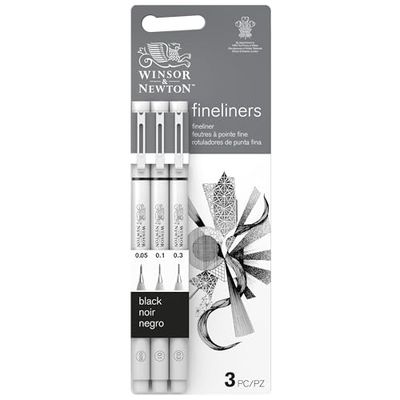 Winsor & Newton Fineliner - Set de 3 stylos fineliner calibrés, couleur noire, pointes 0.05, 0.1, 0.3