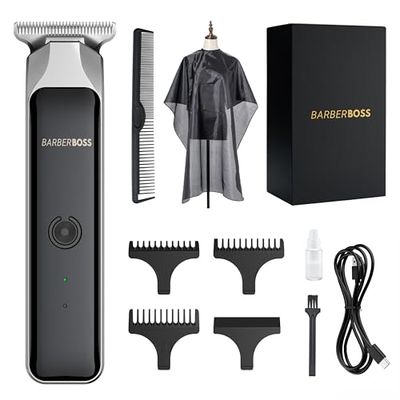 BarberBoss Professional Facial Groomer, Beard Trimmer, Hair Clipper Men, Detail Trimmer, USB Rechargeable, Red/Green Light, Stainless Steel T-Blade, QR-2090