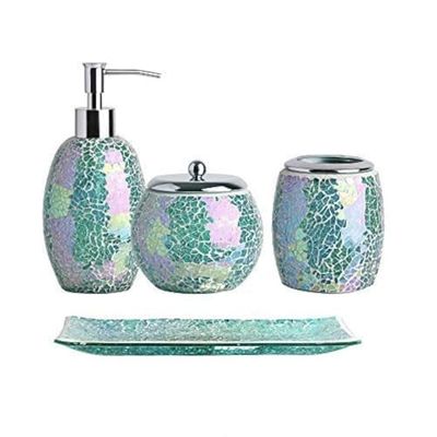 HELA HUSVAROR | 4-delad glänsande grön dekorativa badrumsset i glas tillbehör set | tvåldispenser, tandborsthållare, bomullsburk, sminkbricka | presentidé | sjöjungfruliknande design