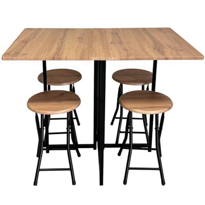DRW Set di tavolo pieghevole e 4 sgabelli in metallo nero e naturale, 100 x 70 x 75 cm