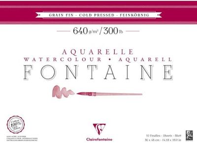Clairefontaine 96359C Bloc Encollé 4 Côtés Fontaine - 10 Feuilles Papier Aquarelle Blanc 100% Coton Grain Fin Qualité Professionnelle 36x48 cm 640g