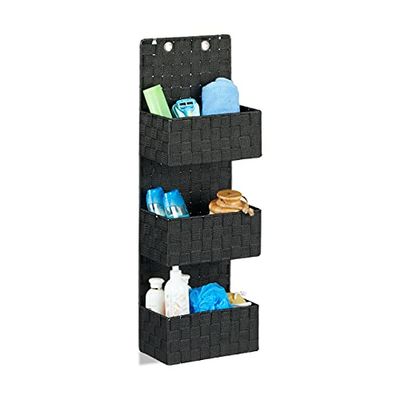 Relaxdays Organizer da Parete Stoffa Portaoggetti da Appendere 3 Cestini Portatutto Plastica HLP: 75x25x15cm, Nero