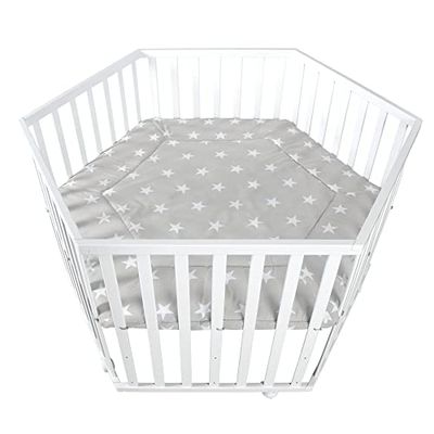 roba Parc Bébé Hexagonal en Bois "Little Stars" + Tapis de Parc et Roues Avec Freins - Blanc